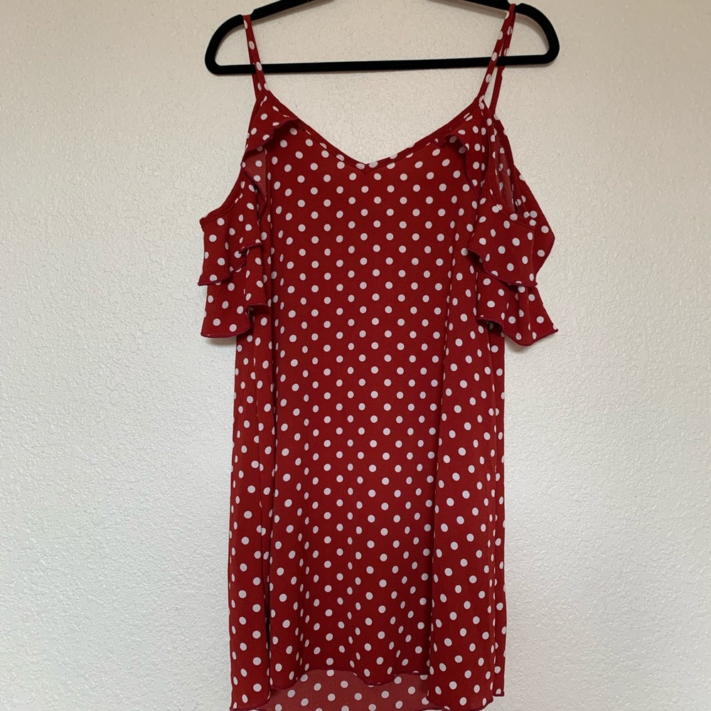 Red polka dot off the shoulder dress